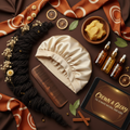 Natural hair care flat lay with silk bonnet, wide-tooth comb, and natural ingredients on a chocolate brown background