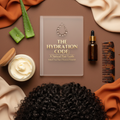 Moisture and hydration guide for natural hair flat lay with shea butter, aloe vera, argan oil, and coily hair on chocolate brown background