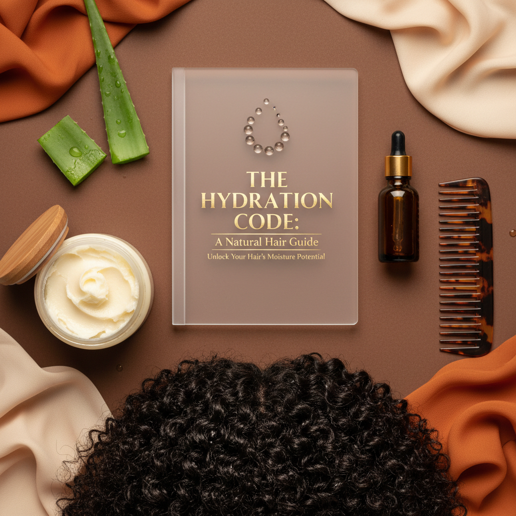 Moisture and hydration guide for natural hair flat lay with shea butter, aloe vera, argan oil, and coily hair on chocolate brown background