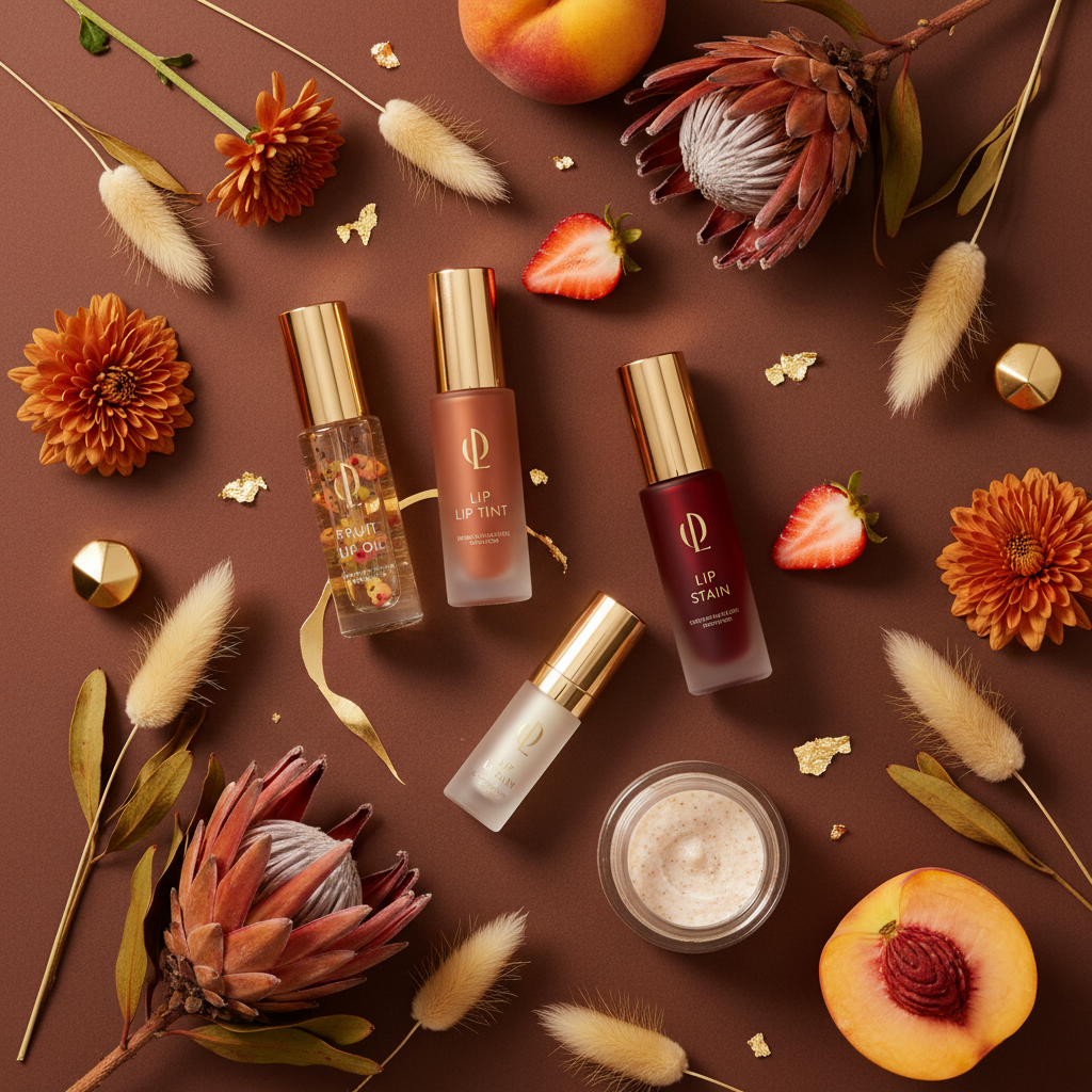 Blessed Glow Lip Collection – Fruit Lip Oil, Tint, Stain and Polish on warm chocolate background with fruit accents